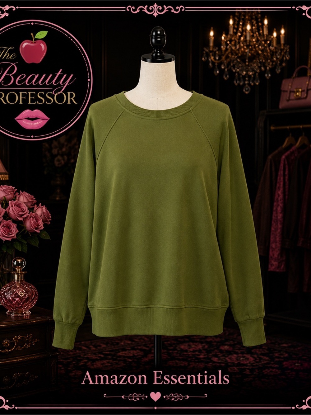 Amazon Essentials XL Olive Green Crewneck Raglan Sweatshirt